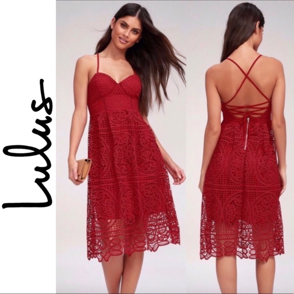 Lulus Dresses & Skirts - Lulus REAL LIFE DREAM BERRY RED LACE MIDI DRESS XL